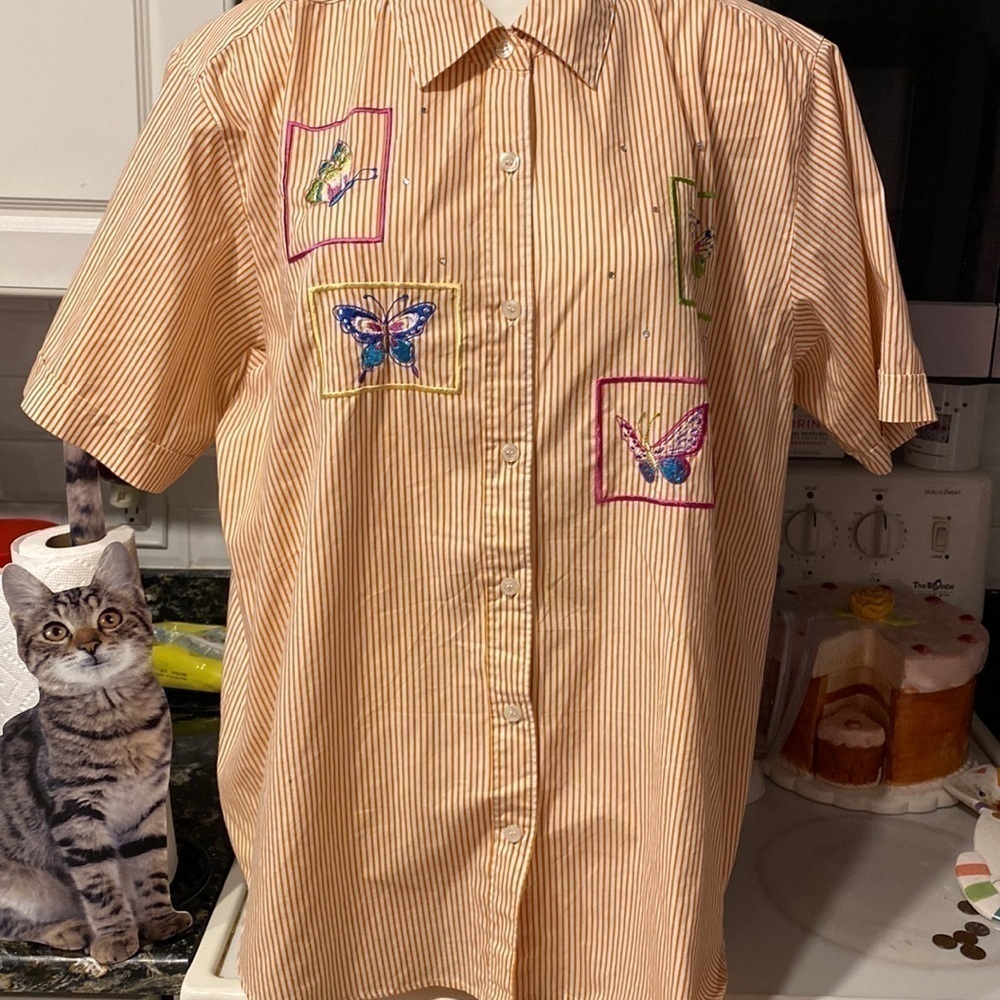 C Quacker Factory short sleeve button front orange stripe plus size shirt 1X